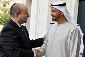 Israel’s prime minister, Naftali Bennett, left, greeted Crown Prince Mohammed bin Zayed in Abu Dhabi 
